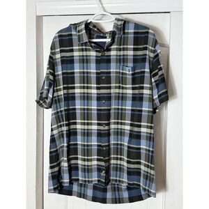 Tommy Bahama Short Sleeve Button Down Shirt Men's XL Gray Black Blue Plaid